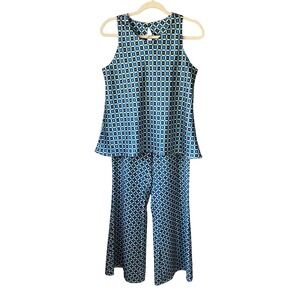 BSB Collection Blue Green Geometric Mosaic Print Top and Wide Leg Pants Set 42